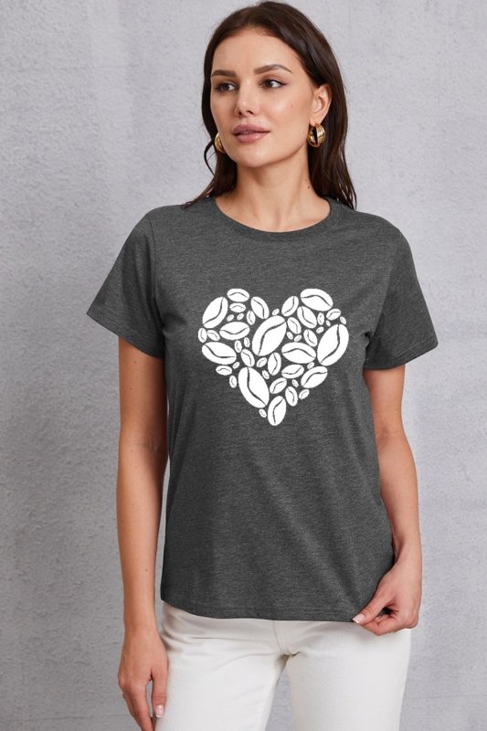 Heart Round Neck Short Sleeve T-Shirt - Cute Little Wish