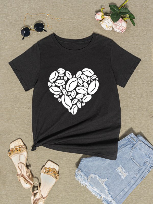 Heart Round Neck Short Sleeve T-Shirt - Cute Little Wish