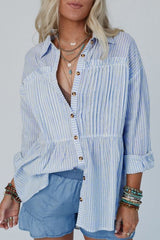 High - Low Striped Collared Neck Long Sleeve Shirt