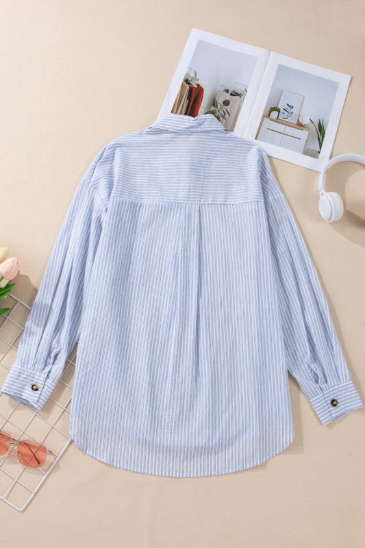 High - Low Striped Collared Neck Long Sleeve Shirt