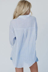 High - Low Striped Collared Neck Long Sleeve Shirt