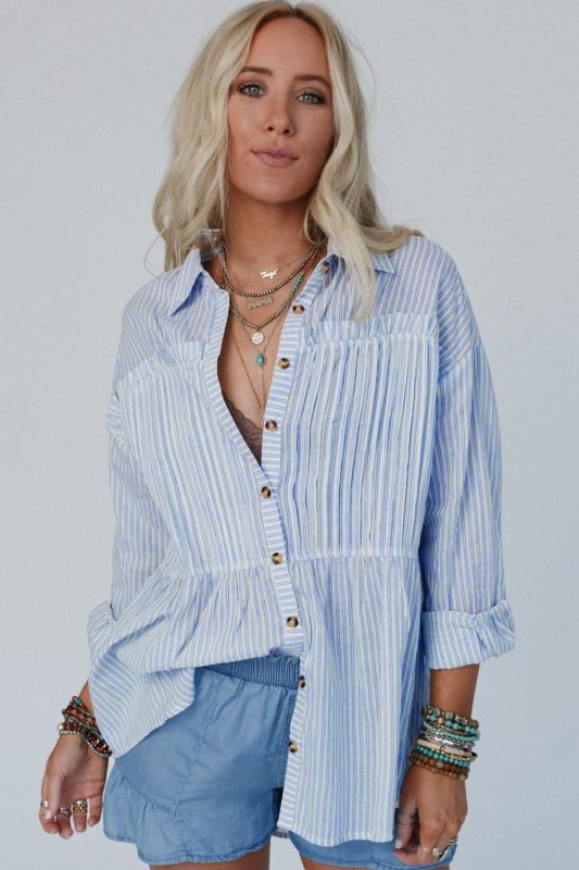 High - Low Striped Collared Neck Long Sleeve Shirt