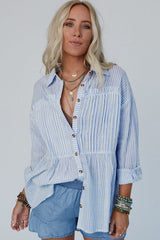 High - Low Striped Collared Neck Long Sleeve Shirt