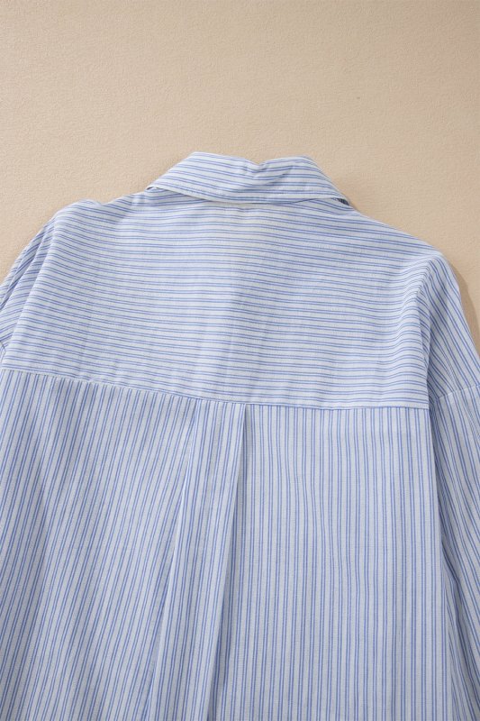 High - Low Striped Collared Neck Long Sleeve Shirt