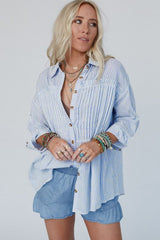 High - Low Striped Collared Neck Long Sleeve Shirt