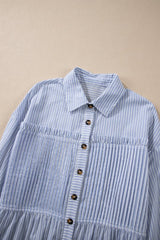 High - Low Striped Collared Neck Long Sleeve Shirt