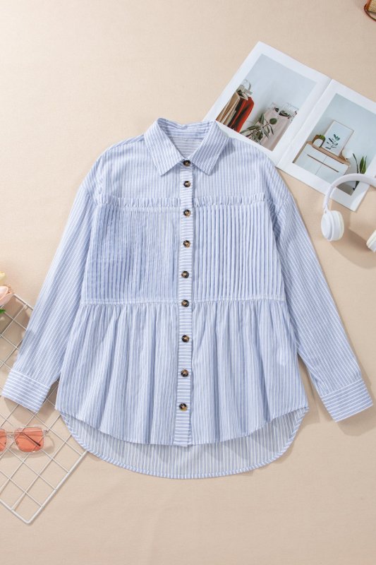 High - Low Striped Collared Neck Long Sleeve Shirt