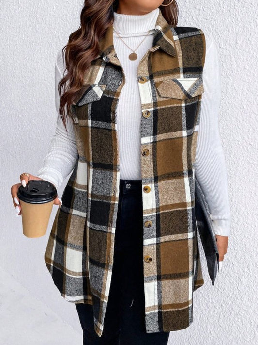 Honey Plus Size Pocketed Plaid Button Up Vest Coat - Cute Little Wish