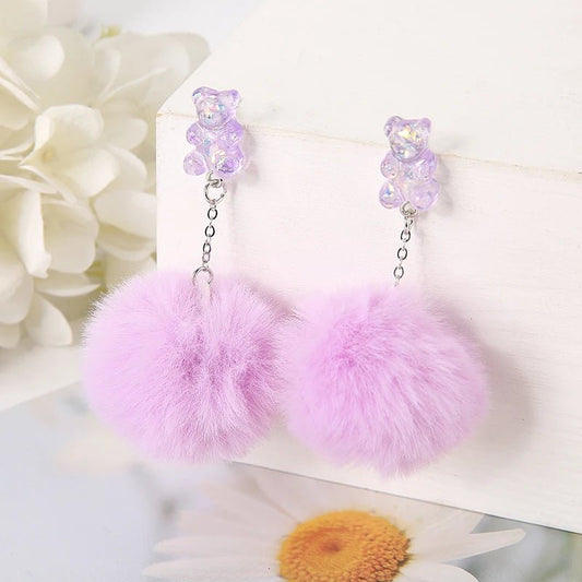 Kawaii Aesthetic Lilac Bear Drop Earrings with Fluffy Accents - Cute Little Wish