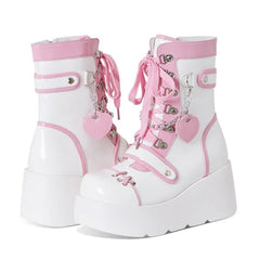 Kawaiicore White & Pink Platform Shoes - Trendy Heart Charm Details - Cute Little Wish