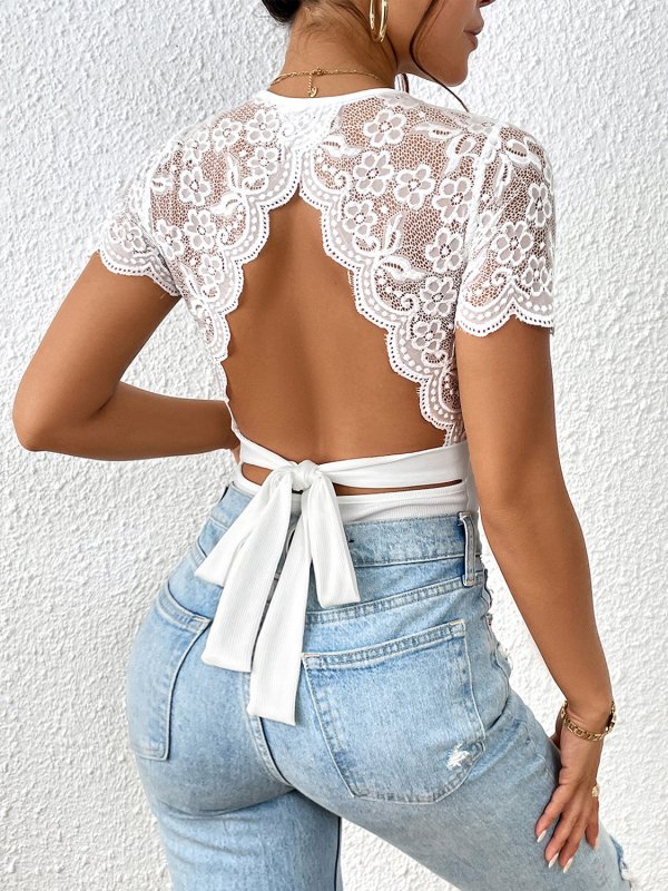 Lace Backless Round Neck Bodysuit - Cute Little Wish
