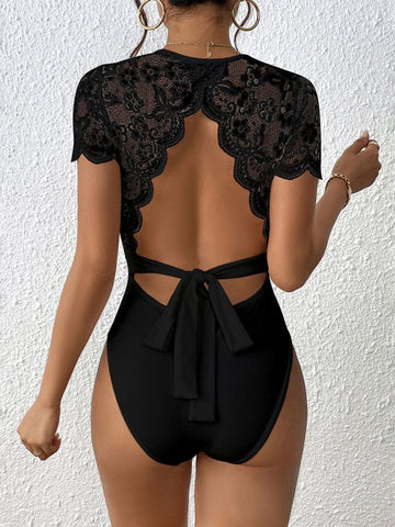 Lace Backless Round Neck Bodysuit - Cute Little Wish