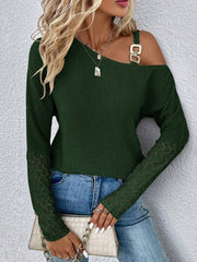 Lace Detail Asymmetrical Neck Long Sleeve T-Shirt - Cute Little Wish