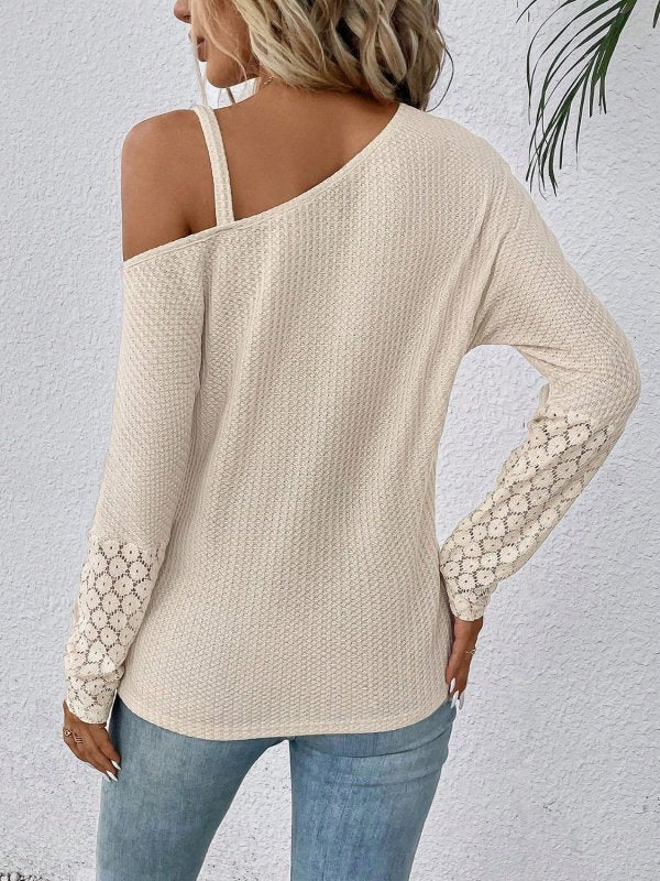 Lace Detail Asymmetrical Neck Long Sleeve T-Shirt - Cute Little Wish