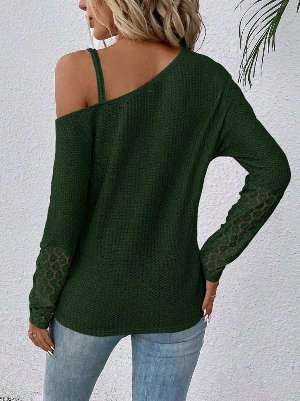 Lace Detail Asymmetrical Neck Long Sleeve T-Shirt - Cute Little Wish