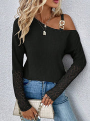 Lace Detail Asymmetrical Neck Long Sleeve T-Shirt - Cute Little Wish