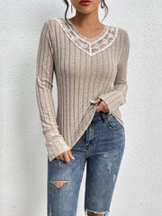 Lace Detail Ribbed V-Neck Long Sleeve Top - Cute Little Wish