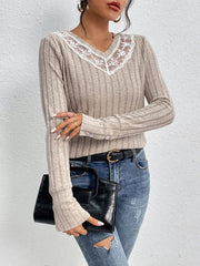 Lace Detail Ribbed V-Neck Long Sleeve Top - Cute Little Wish