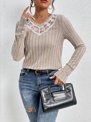 Lace Detail Ribbed V-Neck Long Sleeve Top - Cute Little Wish