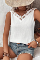 Lace Detail Textured V-Neck Tank - Cute Little Wish