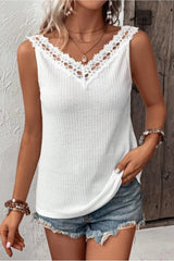 Lace Detail Textured V-Neck Tank - Cute Little Wish