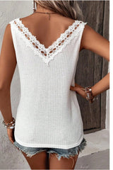 Lace Detail Textured V-Neck Tank - Cute Little Wish