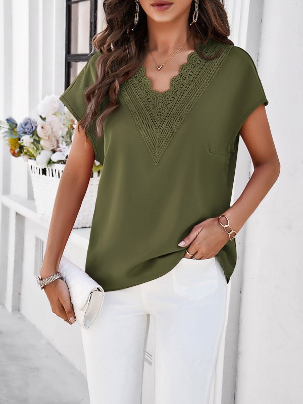 Lace Detail V-Neck Cap Sleeve Blouse - Cute Little Wish