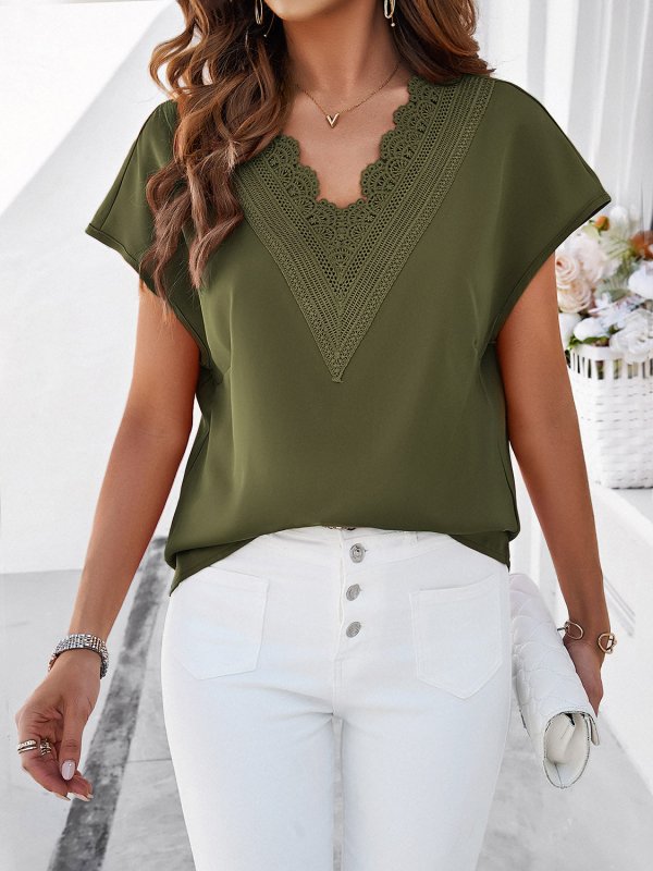 Lace Detail V-Neck Cap Sleeve Blouse - Cute Little Wish