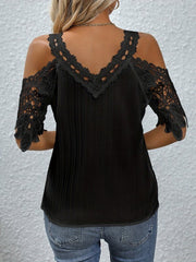 Lace Detail V-Neck Cold Shoulder Blouse - Cute Little Wish