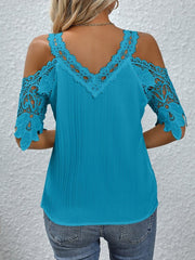 Lace Detail V-Neck Cold Shoulder Blouse - Cute Little Wish