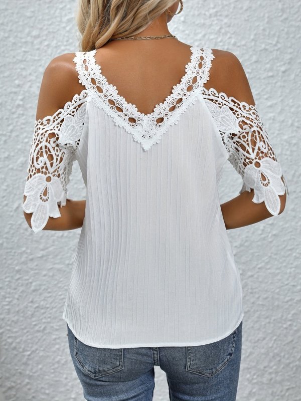 Lace Detail V-Neck Cold Shoulder Blouse - Cute Little Wish