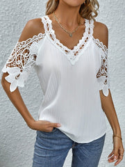 Lace Detail V-Neck Cold Shoulder Blouse - Cute Little Wish