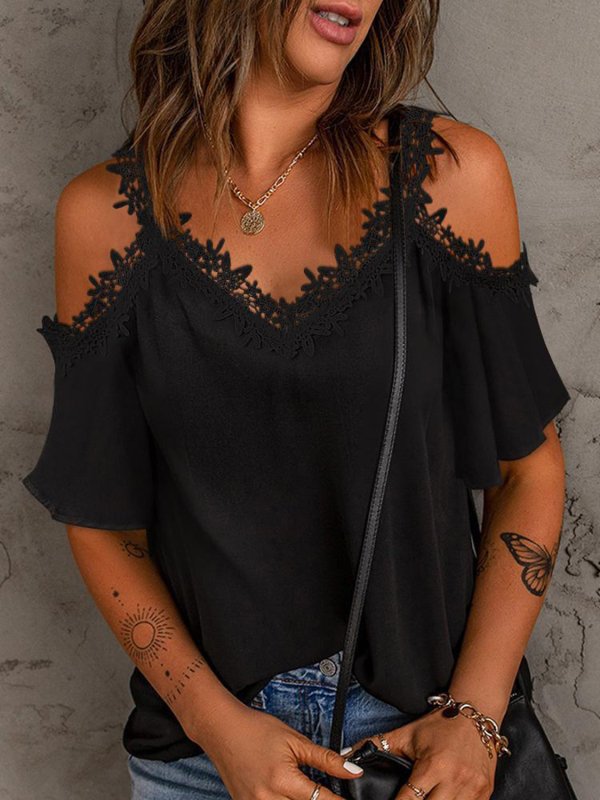 Lace Detail V-Neck Half Sleeve Blouse - Cute Little Wish