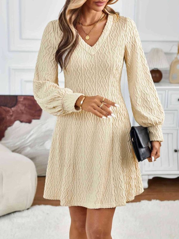 Lace Detail V - Neck Long Sleeve Dress