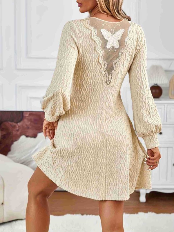 Lace Detail V - Neck Long Sleeve Dress