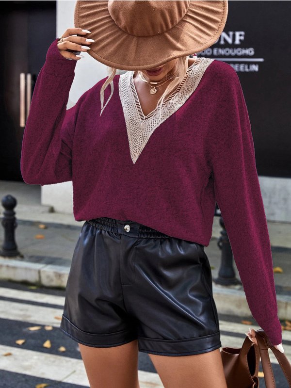 Lace Detail V-Neck Long Sleeve Top - Cute Little Wish