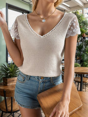 Lace Detail V-Neck Short Sleeve Blouse - Cute Little Wish