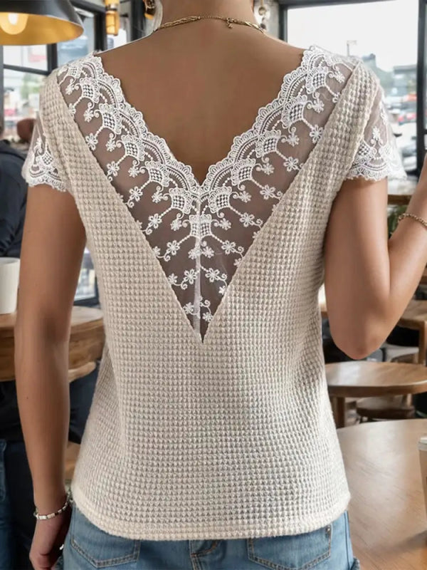 Lace Detail V-Neck Short Sleeve Blouse - Cute Little Wish