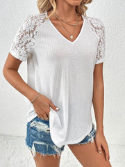 Lace Detail V-Neck Short Sleeve T-Shirt - Cute Little Wish