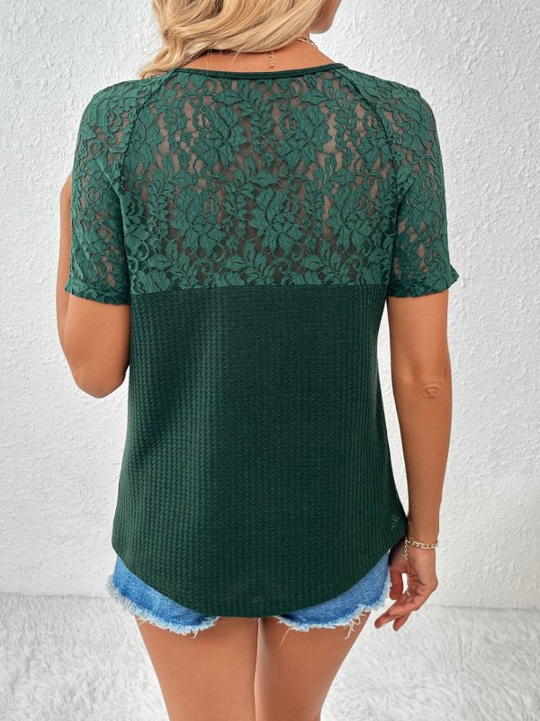 Lace Detail V-Neck Short Sleeve T-Shirt - Cute Little Wish