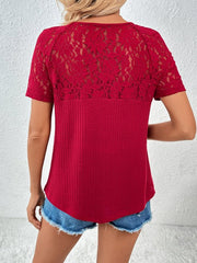 Lace Detail V-Neck Short Sleeve T-Shirt - Cute Little Wish