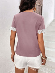 Lace Detail V-Neck Short Sleeve T-Shirt - Cute Little Wish