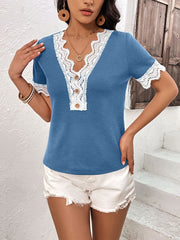 Lace Detail V-Neck Short Sleeve T-Shirt - Cute Little Wish