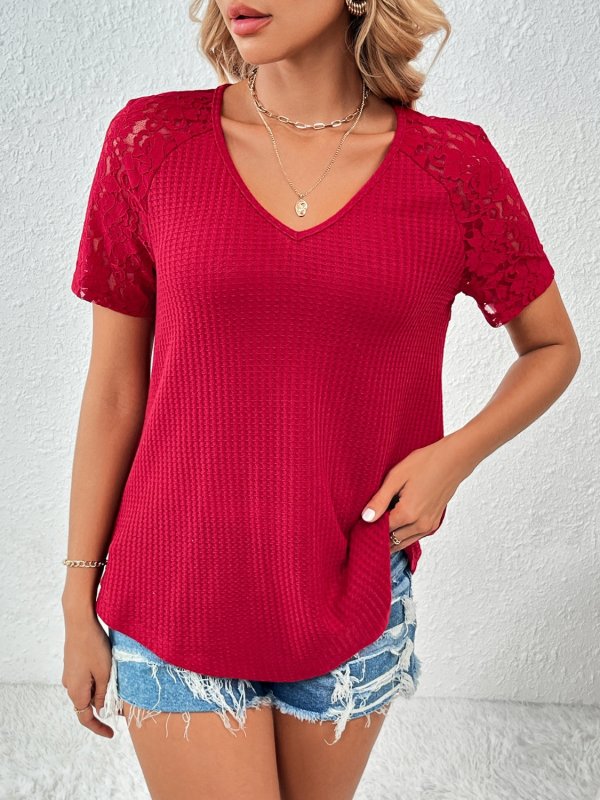 Lace Detail V-Neck Short Sleeve T-Shirt - Cute Little Wish