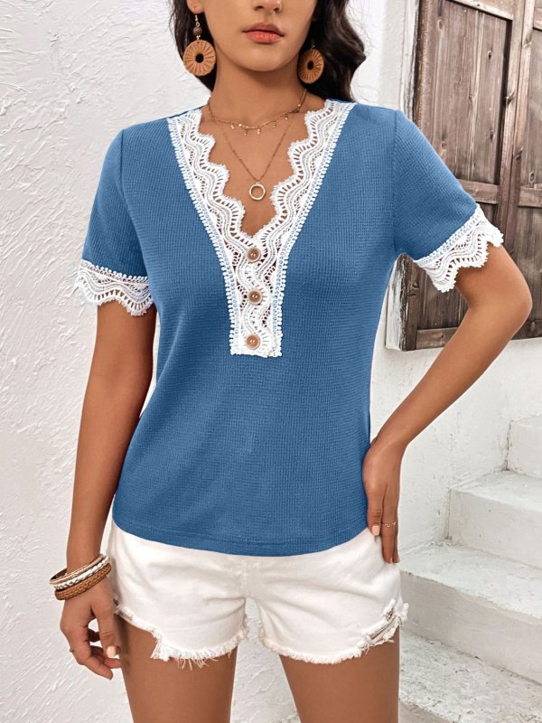 Lace Detail V-Neck Short Sleeve T-Shirt - Cute Little Wish