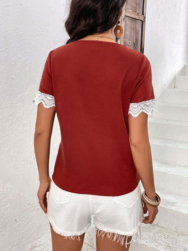 Lace Detail V-Neck Short Sleeve T-Shirt - Cute Little Wish