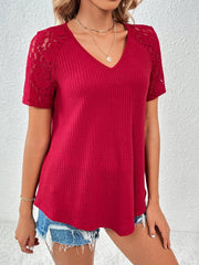 Lace Detail V-Neck Short Sleeve T-Shirt - Cute Little Wish