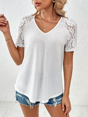 Lace Detail V-Neck Short Sleeve T-Shirt - Cute Little Wish