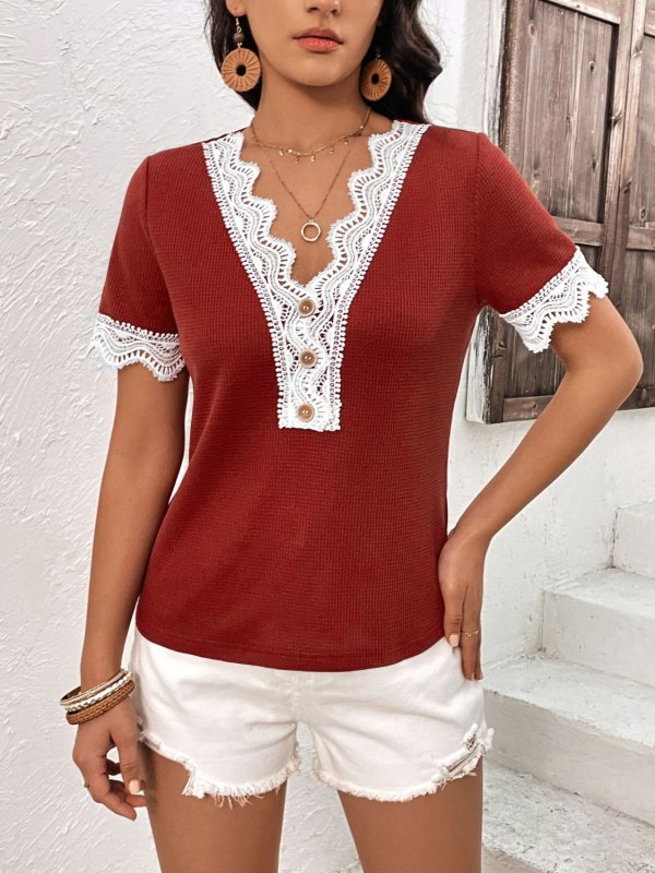 Lace Detail V-Neck Short Sleeve T-Shirt - Cute Little Wish