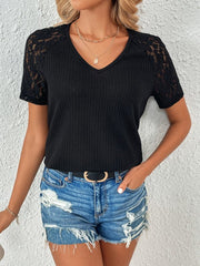 Lace Detail V-Neck Short Sleeve T-Shirt - Cute Little Wish